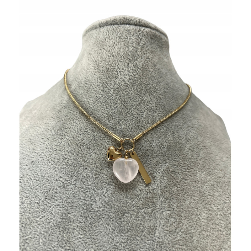 852 Złoty naszyjnik SERCE KWARC RÓŻOWY BLUEBERRY
