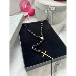 802 Naszyjnik różaniec DUŻE KORALIKI KRZYŻ STAL