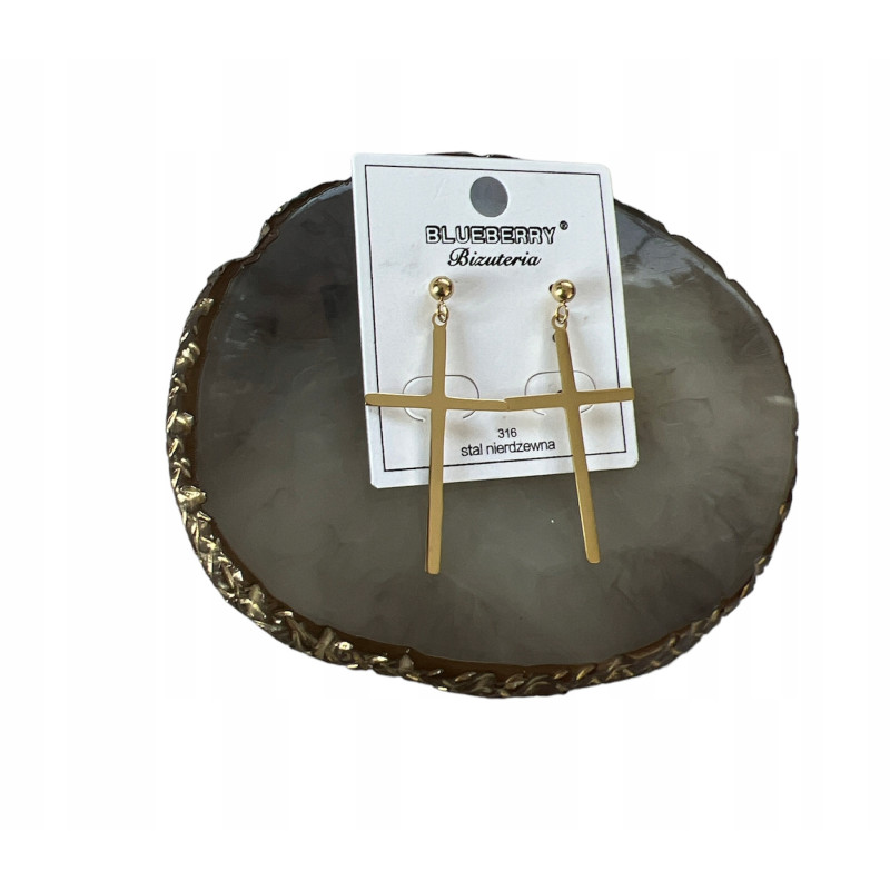 1104 Złote kolczyki BLUEBERRY KRZYŻE KRZYŻ STAL