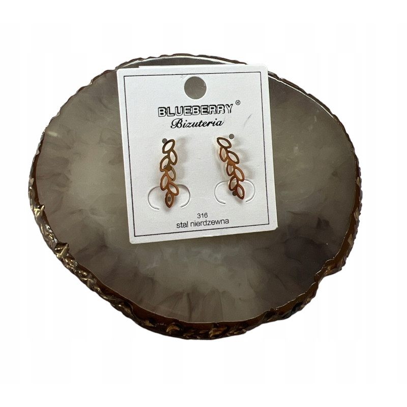722 Złote kolczyki BLUEBERRY LISTKI LIŚCIE STAL