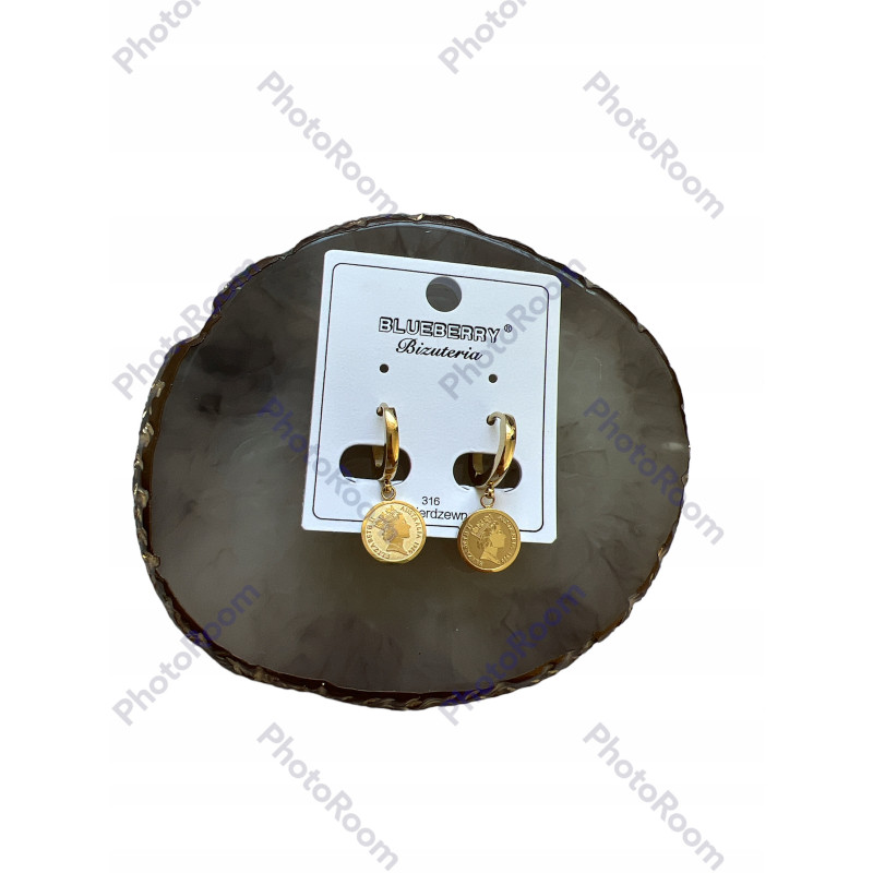 1307 Złote kolczyki BLUEBERRY MONETY STAL 316L