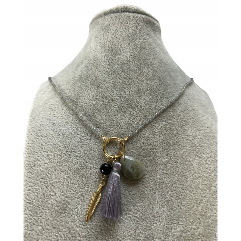 246 Naszyjnik różaniec KORALIKI CHWOST PIÓRKO STAL