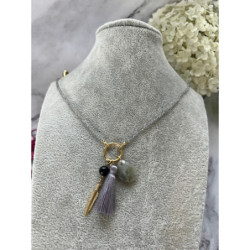 246 Naszyjnik różaniec KORALIKI CHWOST PIÓRKO STAL