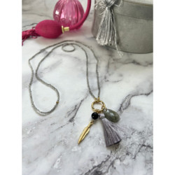 246 Naszyjnik różaniec KORALIKI CHWOST PIÓRKO STAL