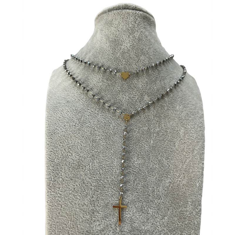 400 Naszyjnik różaniec KORALIKI KRZYŻ SERCE STAL