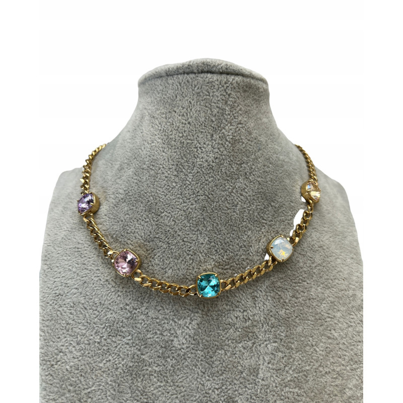224 Złoty naszyjnik pancerka KOLOROWE KAMIENIE