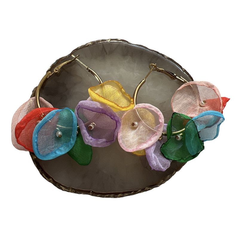 168 Złote kolczyki koła jedwabne kwiaty KOLOR HIT