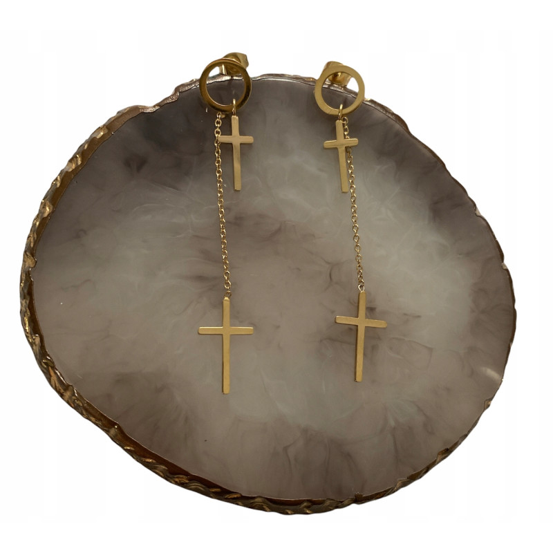 948 Złote kolczyki wiszące KRZYŻ KRZYŻE STAL 316