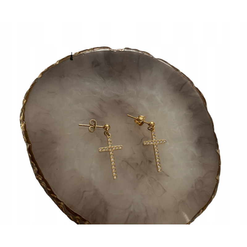 1037 Złote kolczyki cyrkonie KRZYŻ KRZYŻE STAL 316