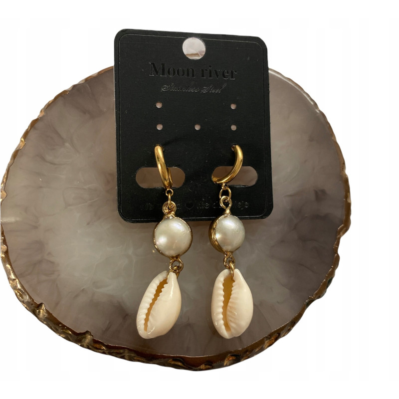 605 Złote kolczyki MUSZELKI PERŁY MUSZLE stal 316L