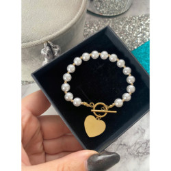 768 Złota bransoletka PERŁY SERCE SERDUSZKO STAL