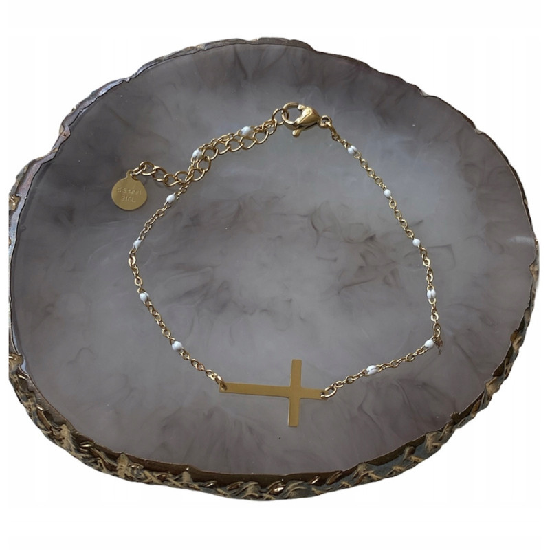 531 Bransoletka koraliki Krzyż Krzyżyk stal 316