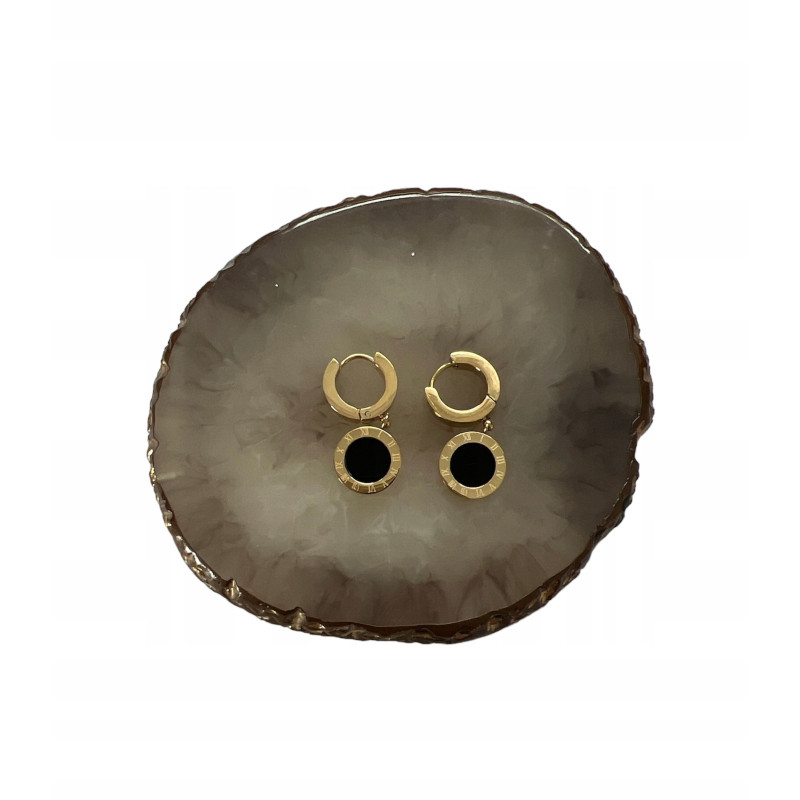 1366 Złote kolczyki ZEGAR CZARNE OCZKO STAL 316L