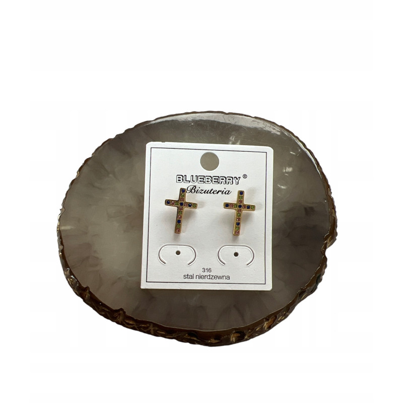 260 Złote kolczyki BLUEBERRY KRZYŻ KRZYŻYK STAL