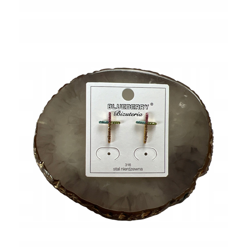 418 Złote kolczyki BLUEBERRY KRZYŻ KRZYŻYK STAL