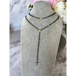 1258 Naszyjnik różaniec KORALIKI SERCE Krzyż STAL