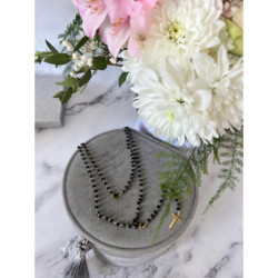 1258 Naszyjnik różaniec KORALIKI SERCE Krzyż STAL